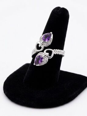 New S925 Sterling Silver Purple Amethyst & Morganite Heart Tear Drop Ring